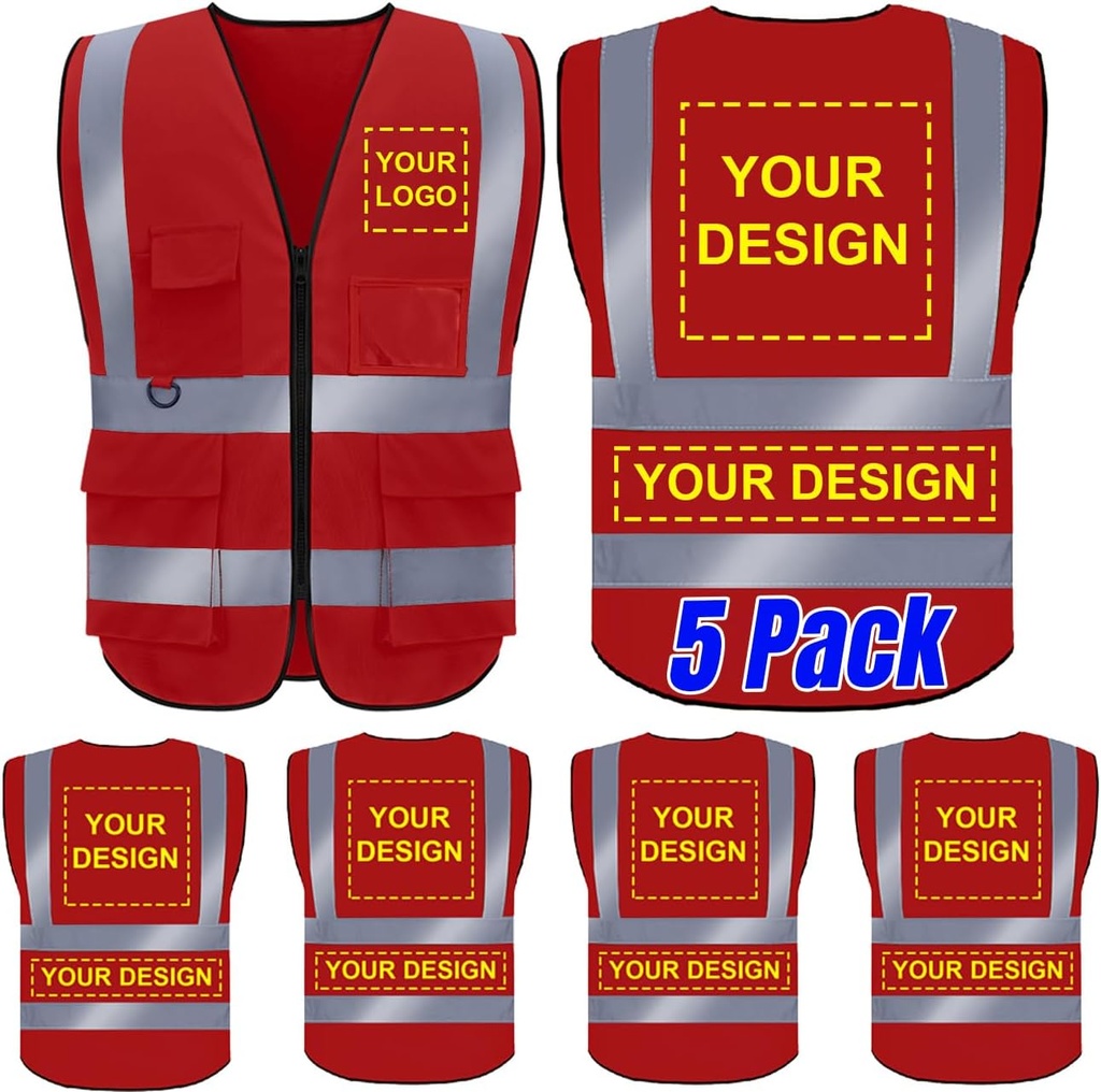 5 Pack of BeautyWill Class 2 High Visibility Safety Vests with Custom Logo - Red, Size S - ANSI/ISEA Standards for Construction Workers