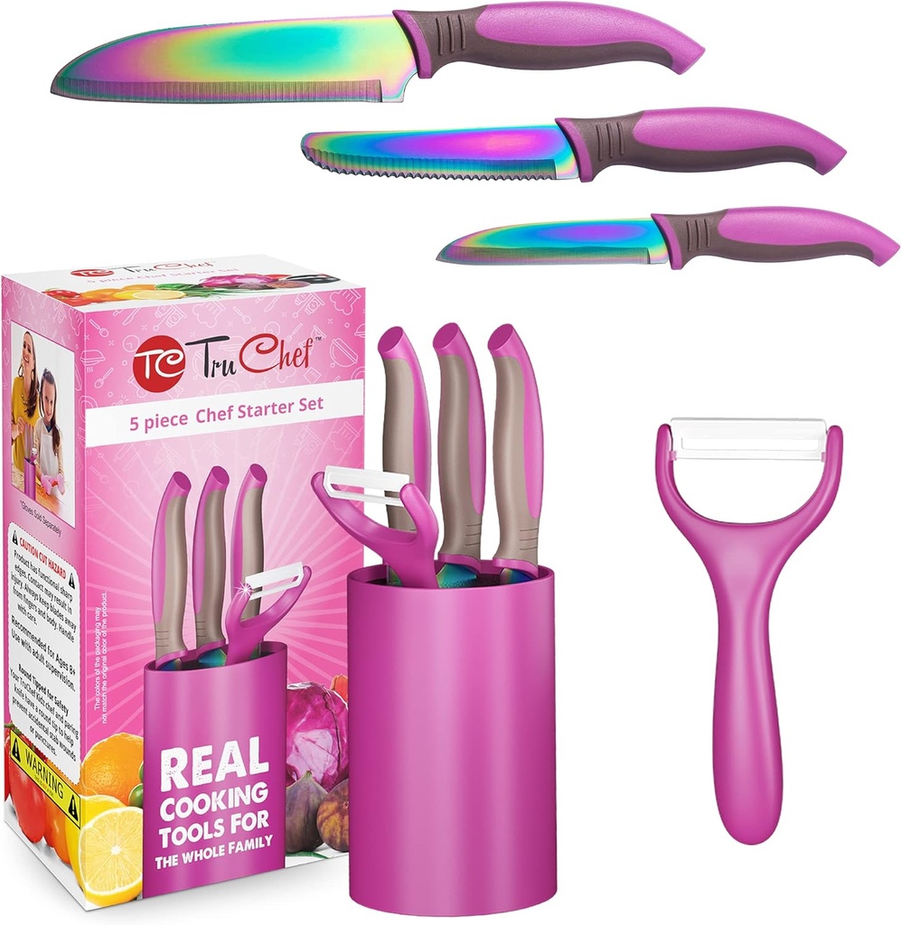 Pink TruChef Kids Cooking Knife Set - 5 Piece Set with Chef, Paring, Peeler, Serrated Knives & Holder
