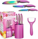 Pink TruChef Kids Cooking Knife Set - 5 Piece Set with Chef, Paring, Peeler, Serrated Knives & Holder