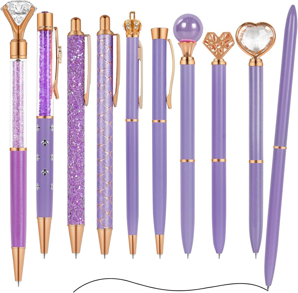 10-Piece Set of Purple Crystal Diamond Crown Ballpoint Pens for Women and Girls - Fancy Metal Pens for Journaling, School, Wedding, and Office Desk Supplies