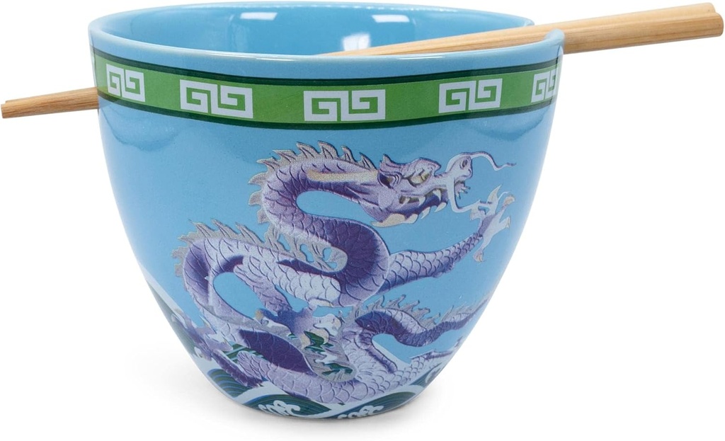 Blue Dragon Japanese Ceramic Dinnerware Set: Includes 16-Oz Ramen Bowl & Chopsticks | Kawaii Anime Gifts for Home & Kitchen