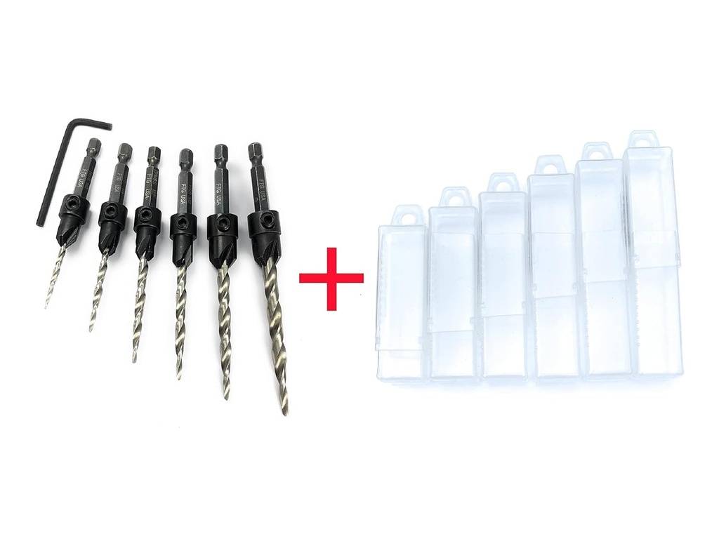 FTG USA Wood Countersink Drill Bit Set - 6 Sizes #4 to #14 - HSS M2 Tapered Bits - Quick Change Hex Shank - 6 Storage Containers - Allen Wrench Included
