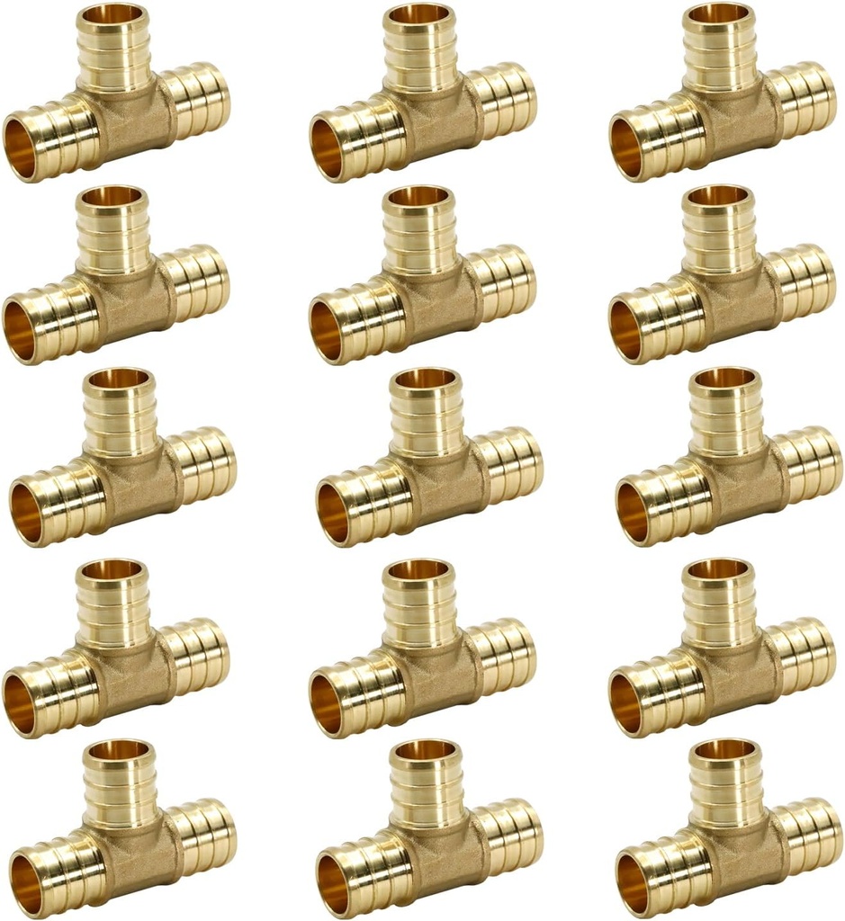 15 Pack 3/4" Brass PEX Tee Fittings by MISPIRE for Plumbing Projects, No-Lead Brass Connectors for PEX Pipe Water Lines