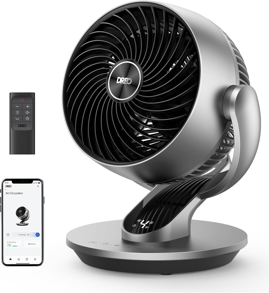 Dreo Smart Fan for Bedroom - 120° Vertical & 90° Oscillating, Remote Control, Quiet Air Circulator - 13 Inch Height, 70 ft Coverage, 4 Speeds, 5 Modes, 12H Timer - Desk Fan for Home & Office