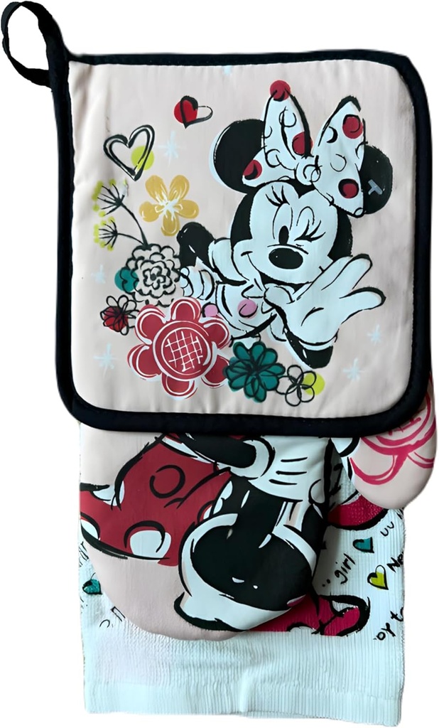 Stylish 3-Piece Kitchen Set: Oven Mitts, Pot Holders, and Dish Towel - Essential Accessories for Kitchen Decor (Minni Pink)