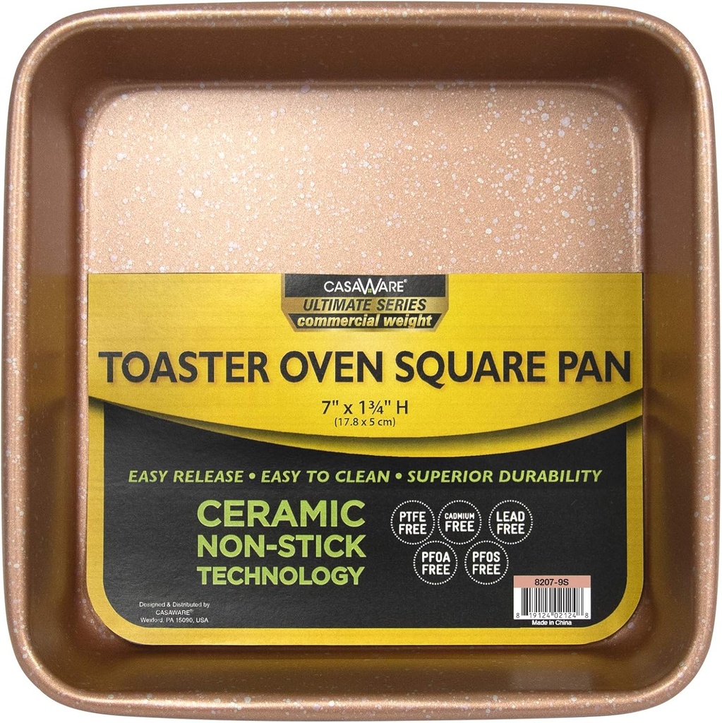 casaWare 7-Inch Toaster Oven Square Pan with Commercial Weight Ceramic Non-Stick Coating - Rose Gold Granite