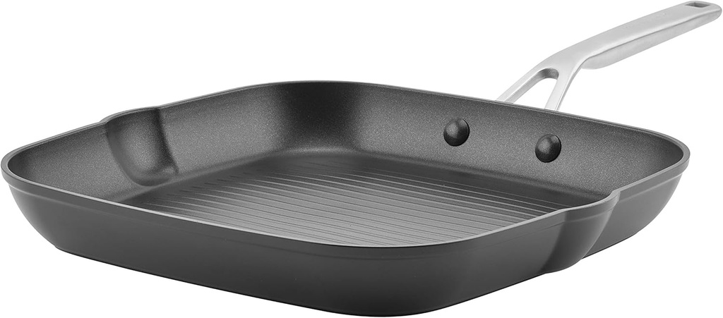 KitchenAid 11.25 Inch Square Grill Pan Griddle with Pouring Spouts, Hard Anodized Induction Nonstick - Matte Black