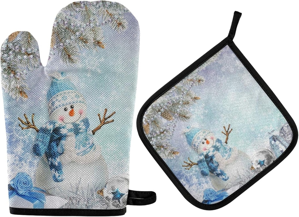 Snowman Christmas Oven Mitts and Pot Holders Set - Heat Resistant Cooking Gloves for Kitchen, Bakeware, BBQ - Winter Gift