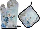 Snowman Christmas Oven Mitts and Pot Holders Set - Heat Resistant Cooking Gloves for Kitchen, Bakeware, BBQ - Winter Gift