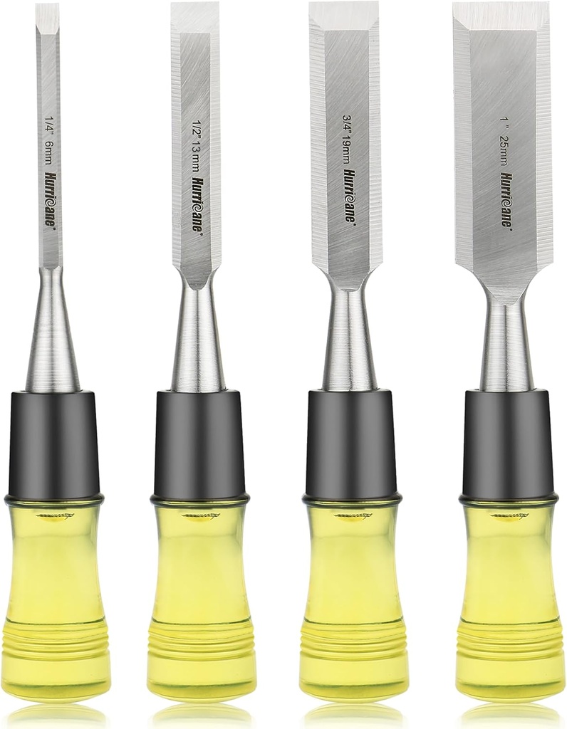 Hurricane 4-Piece Wood Chisel Set with CRV Steel Beveled Edge Blades, Durable PVC Handles, Sizes 1/4" to 1", Ideal for Woodworking and Larger Grips