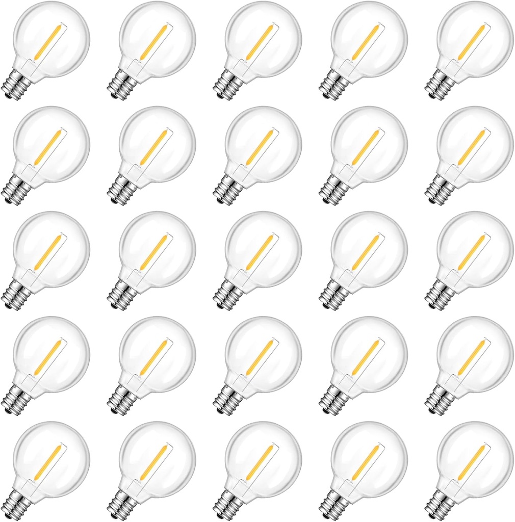 25 Pack GvvooHome G40 LED Replacement Light Bulbs - E12 Screw Base Waterproof Globe Bulbs for Indoor/Outdoor String Lights, Patio Cafe Decor - Dimmable Warm White Non-Solar