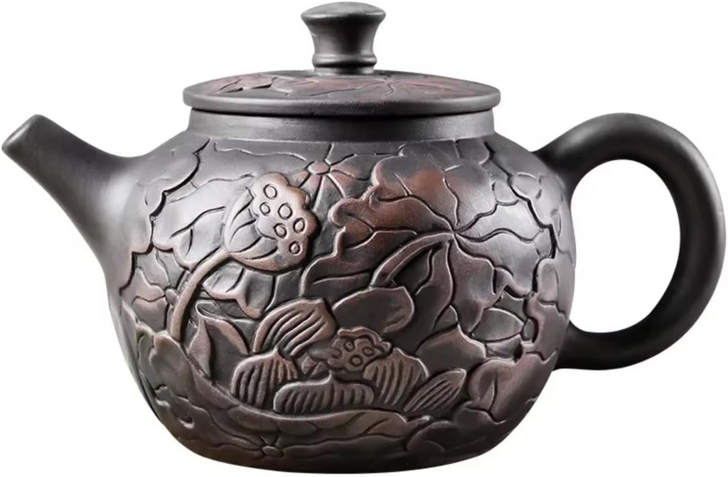 Handmade 1pc Purple Clay Teapot with Black Mud Beauty Kettle - Hand Carved Lotus Design - Home Tea Set