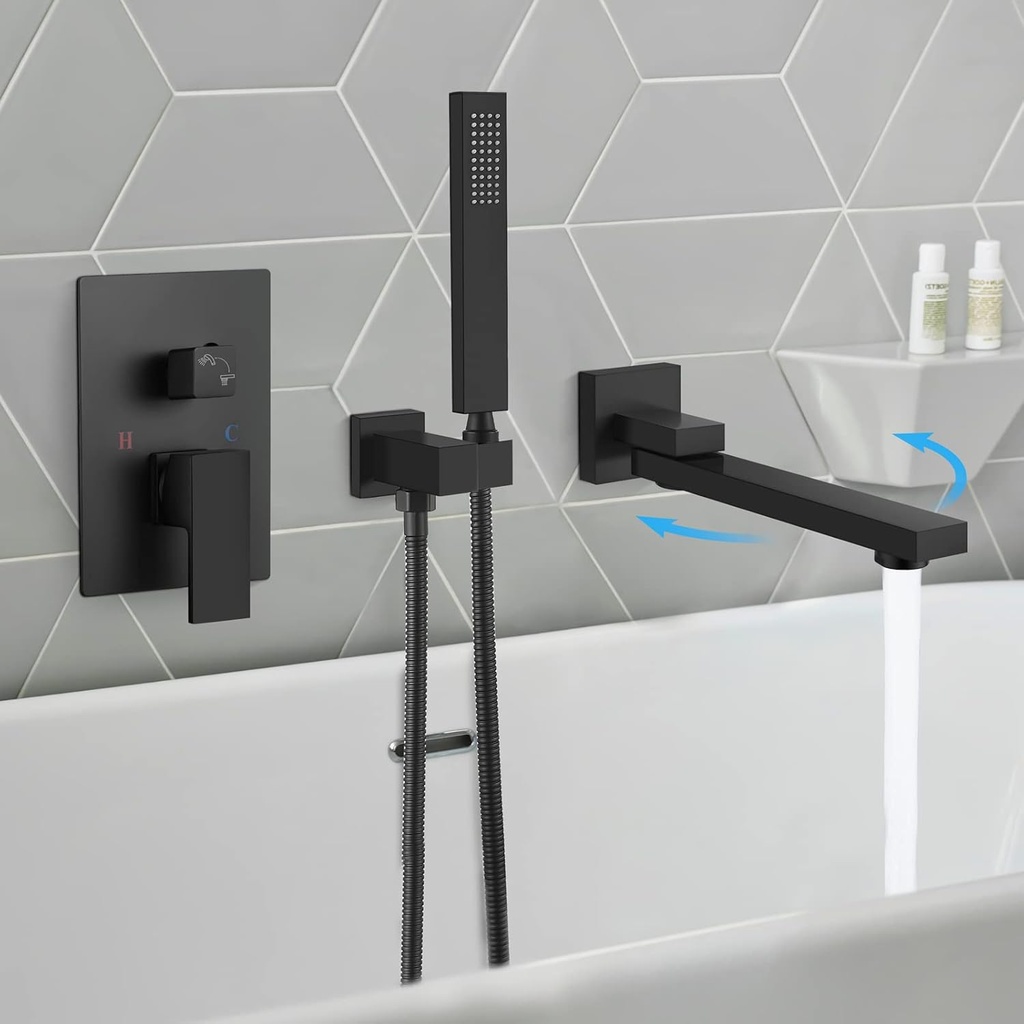 Matte Black Wall Mounted Bathtub Faucet with Hand Held Sprayer - Single Handle Shower System Mixer for Tub - Includes Rough-In Valve and Swivel Tub Spout