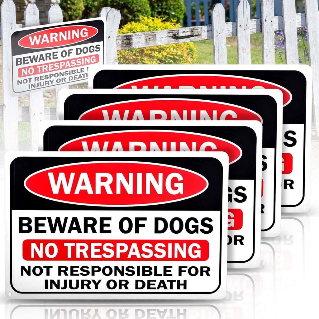 Set of 4 Rust-Proof Aluminium Beware of Dog Signs 12" x 8" for Home, Farm, Garden, Yard, Garage - Indoor/Outdoor Warning Sign