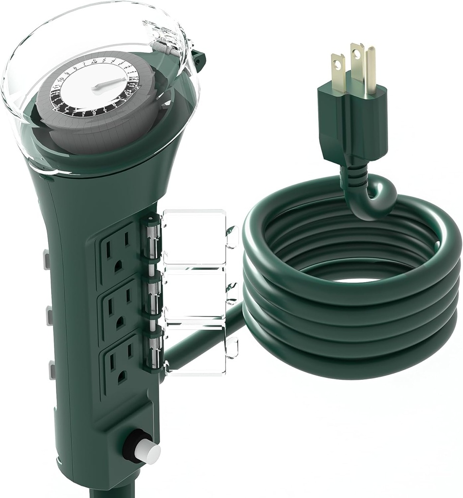 6-Outlet Outdoor Power Strip with Mechanical Timer on Yard Stake - Weatherproof, 6ft Cord, ETL Listed, 1875W/15A for Lamps, Lights, Ponds