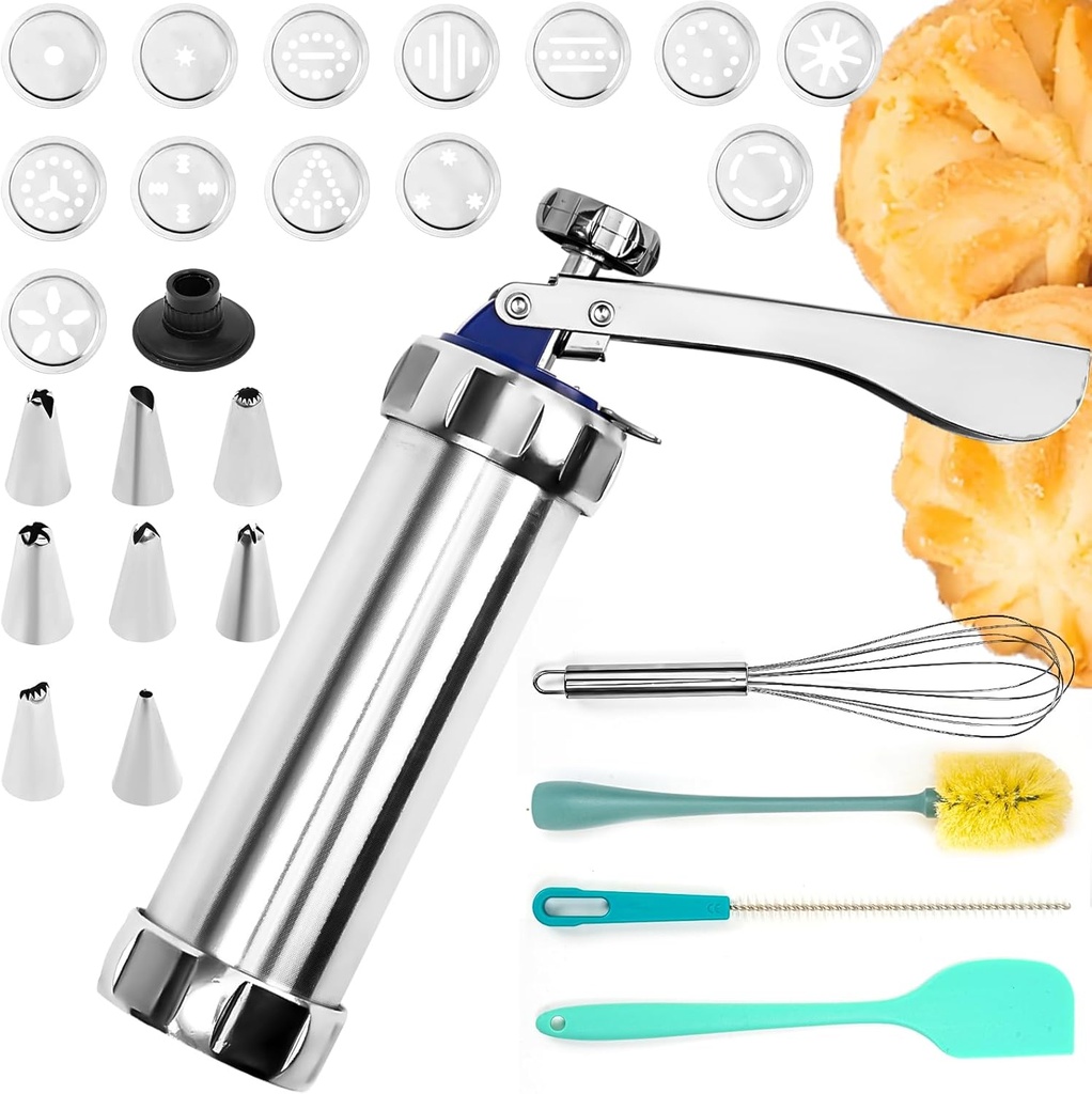 Maiziyun Metal Cookie Press Gun Kit - 13 Discs, 8 Piping Tips for Baking Decorative Cookies
