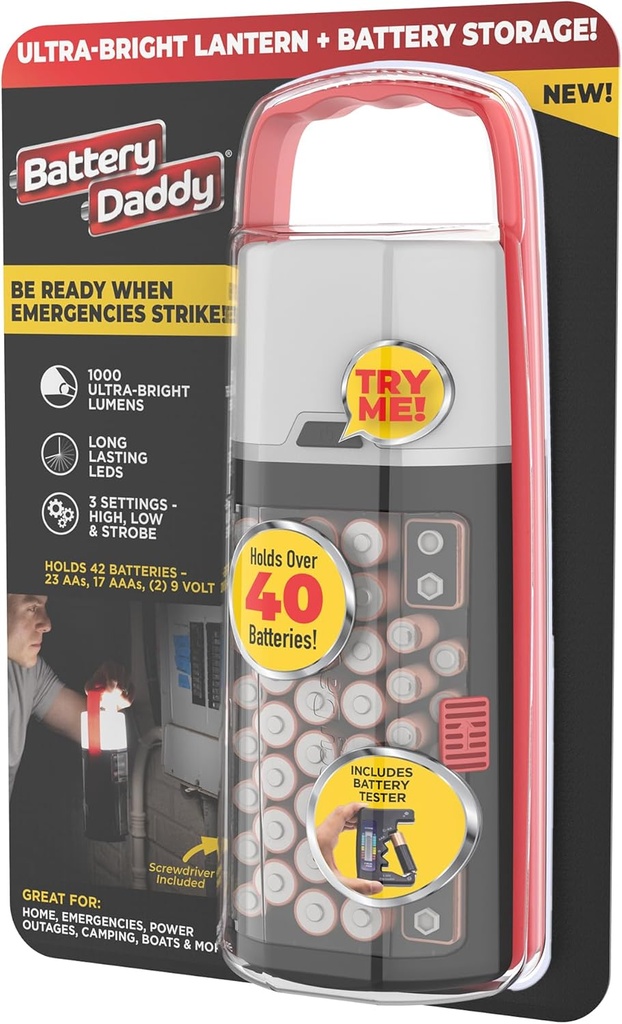 Battery Daddy Lantern: 2-in-1 Organizer & Ultra-Bright 1,000 Lumens Lamp. Stores & Protects 42 Batteries, Includes Tester & Screwdriver