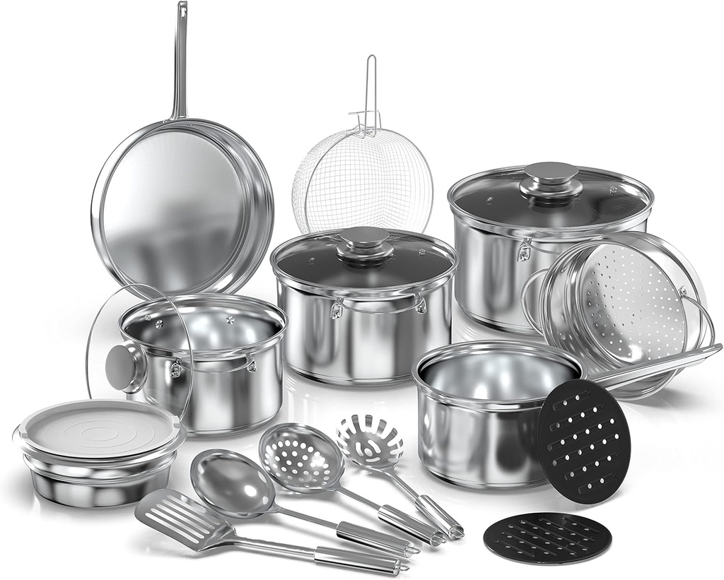 18-Piece Stainless Steel Kitchen Cookware Set with Glass Lids, Utensils, and Heat Resistant Mat - Silver