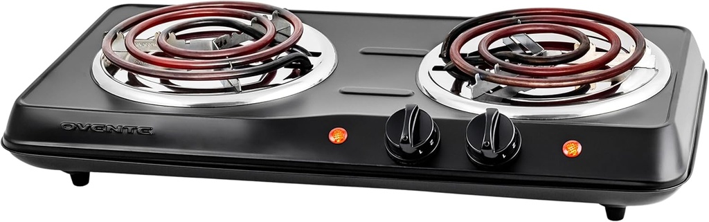 OVENTE Electric Double Burner Cooktop with Stainless Steel Hot Plates - 1700W, 5 Level Temp Control, Indicator Lights, Easy Clean - Black