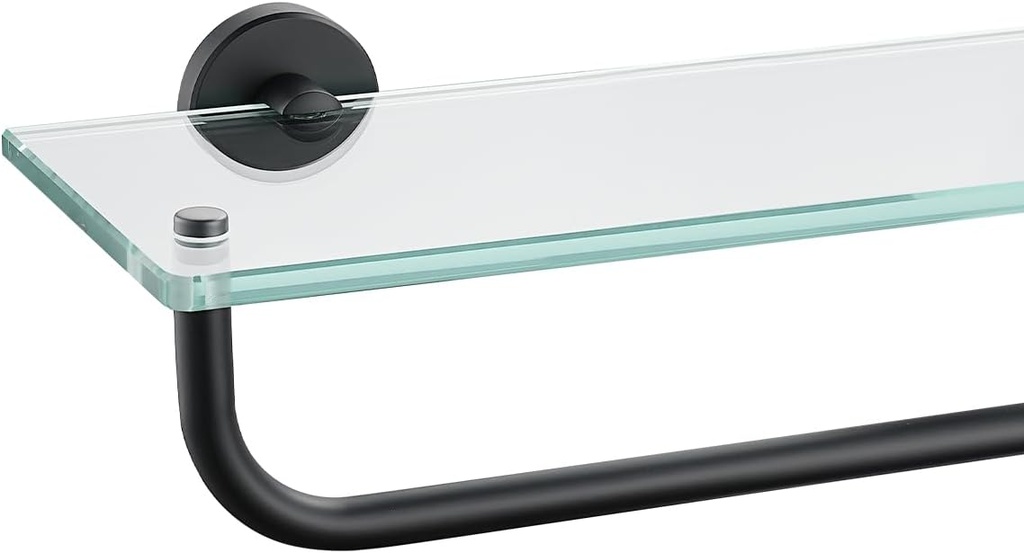 Matte Black Bathroom Glass Shelf with Towel Bar, Tempered Glass Shower Storage, 304 Stainless Steel Wall Mount - 30 x 5 inches