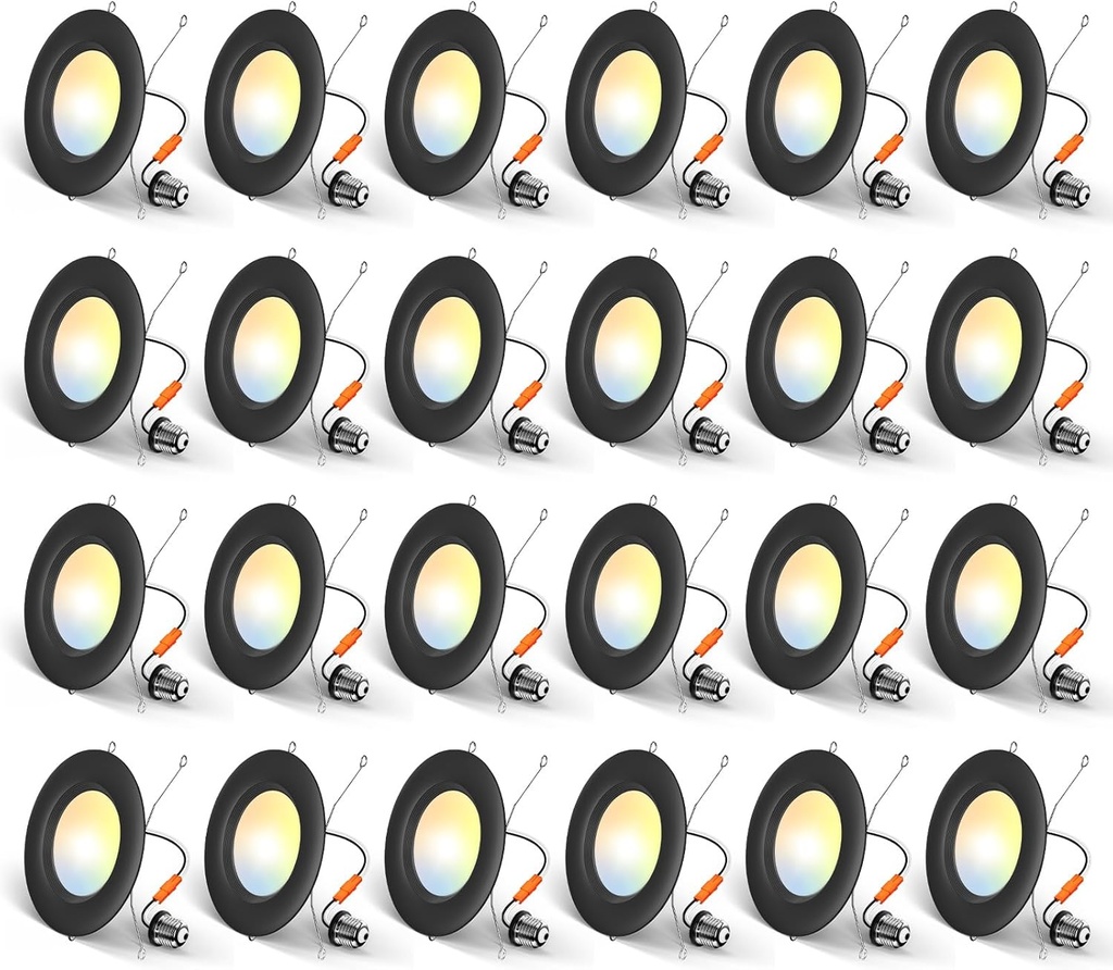 Amico 24 Pack 5/6 inch 5CCT Dimmable LED Recessed Lighting with Baffle Trim in Black - 12.5W=100W, 950LM, IC Rated, ETL & FCC Listed