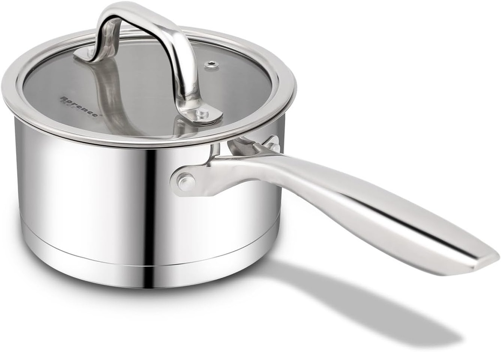 Rorence 1.5 QT Stainless Steel Saucepan with Transparent Glass Lid - Induction Small Cooking Pot for All Stoves & Oven, Dishwasher Safe