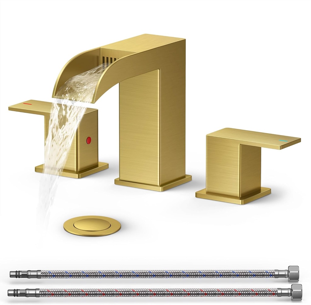 Gold Brushed Waterfall Bathroom Faucet Set - 3 Hole Widespread Faucet with Pop-up Drain and Supply Lines for Vanity Sink, Lead-Free Gold Finish