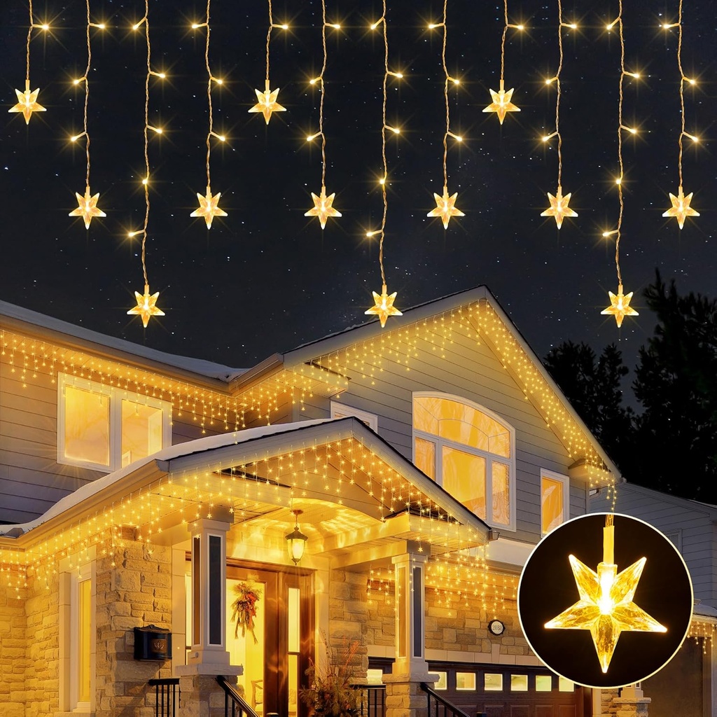 200 LED Star Icicle Lights Outdoor - 40 Drops Curtain Lights with 8 Lighting Modes - Timer Plug-in for Patio, Tree, Garden, Window, Porch - Christmas Decor in Warm White
