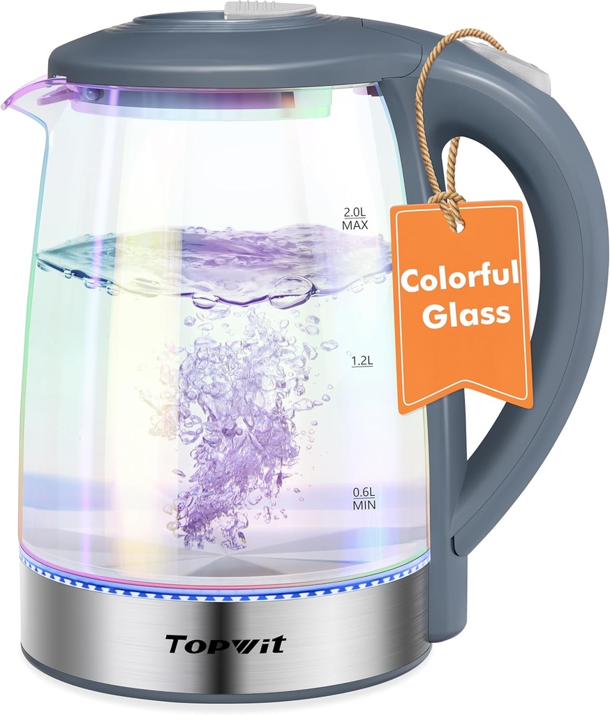 Colorful Glass Electric Kettle 2.0L - BPA-Free Stainless Steel, Auto Shut-Off, Grey