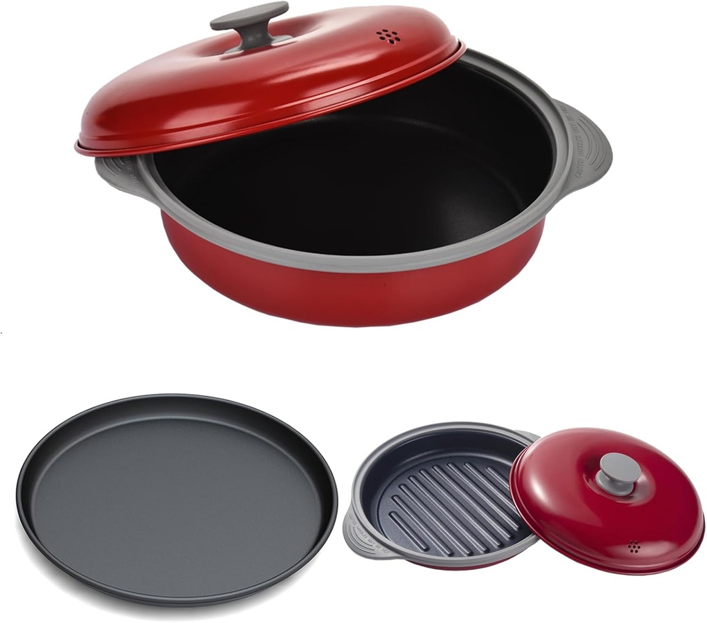 MACONEE 12" 3-in-1 Microwave Cookware Set for Crispy Reheating and Cooking - Crisper, Frying, and Grill Pan with Lid