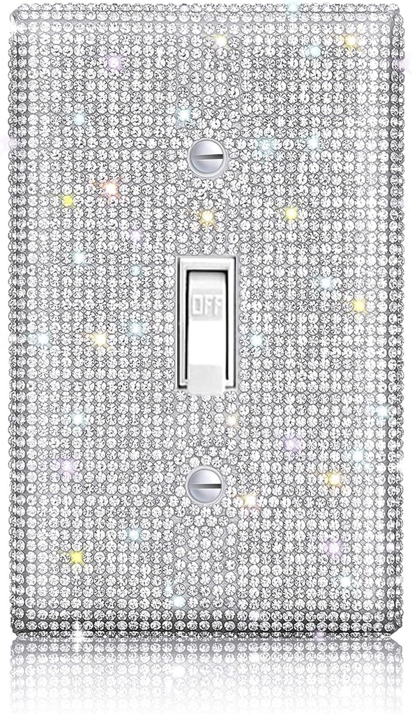 Single Gang Toggle Switch Outlet Wall Plate Cover Decorated with Shiny Rhinestones - Silver Glamorous Decorative Bling Switch Cover by Yookeer