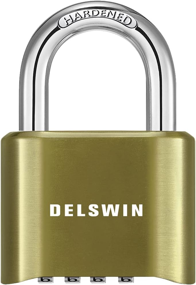 Heavy Duty 4-Digit Combination Lock - Waterproof Outdoor Padlock for Gym Locker, Storage, Shed, Fence - Hardened Steel Shackle - Brass - 1Pcs