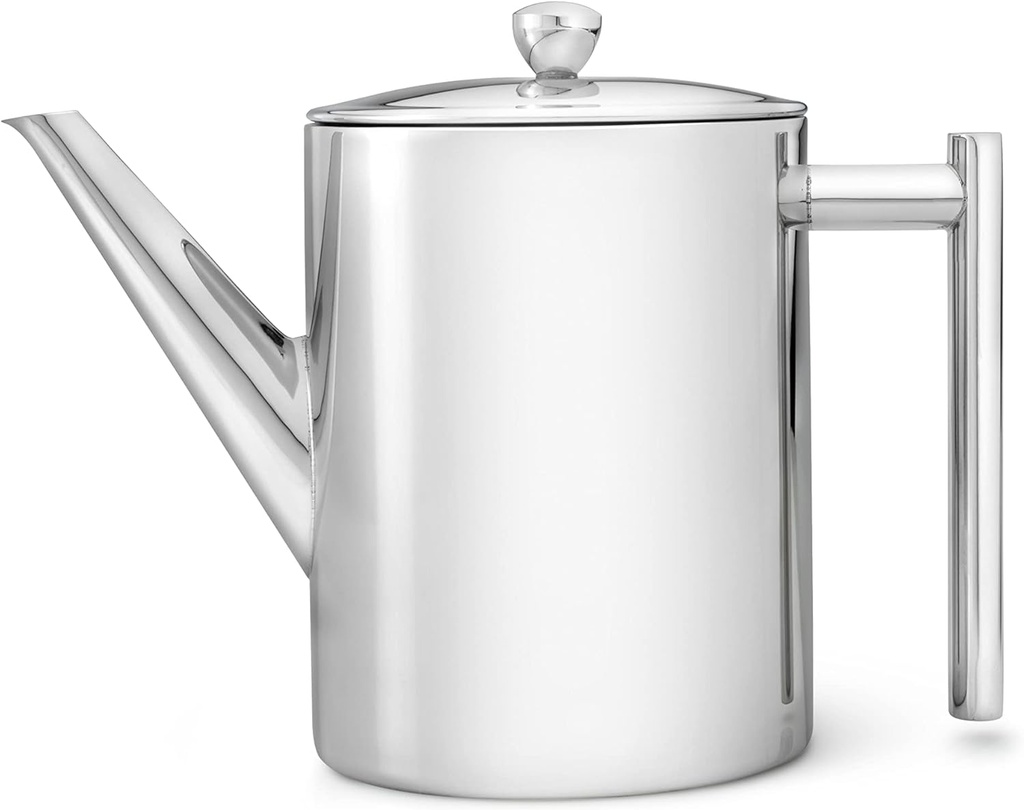 Stainless Steel Double Walled Teapot, 1.2-Liter Capacity, Bredemeijer Cylindre, Sleek Glossy Finish