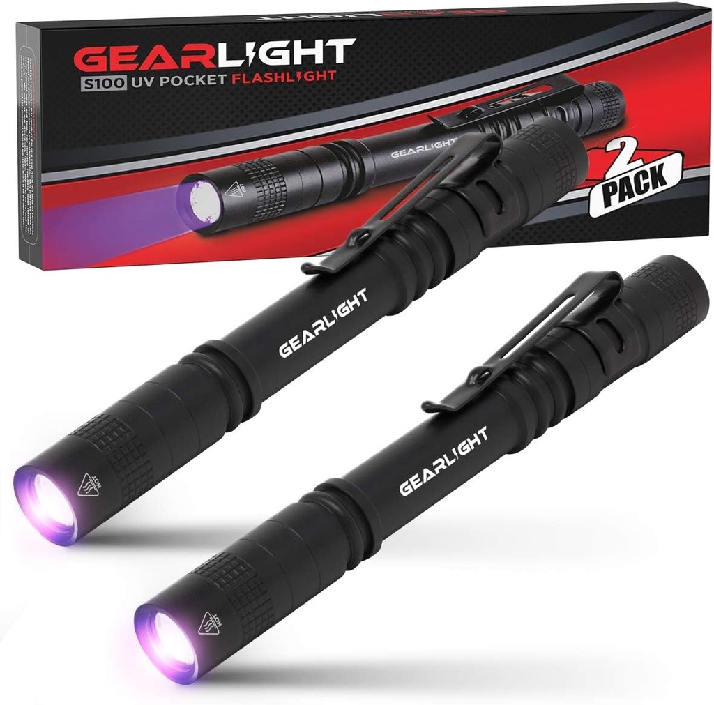 2-Pack GearLight UV Black Light Flashlight S100 - Mini Ultraviolet Pen Lights for Leak Detection - Pet Urine, Bed Bug, Scorpion, Stain, and Dye Detector