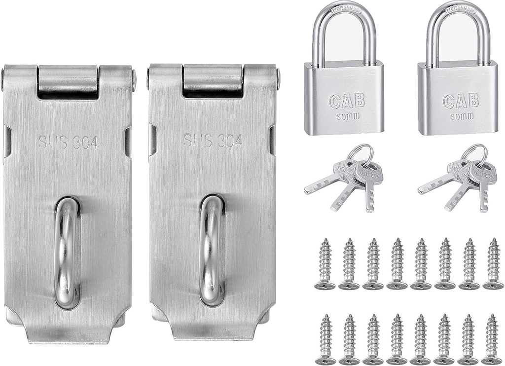 Stainless Steel Door Lock Hasp Latch Set - 2 Pack Padlock Clasp for All Doors - Brushed Finish - 3 Inch, Silver