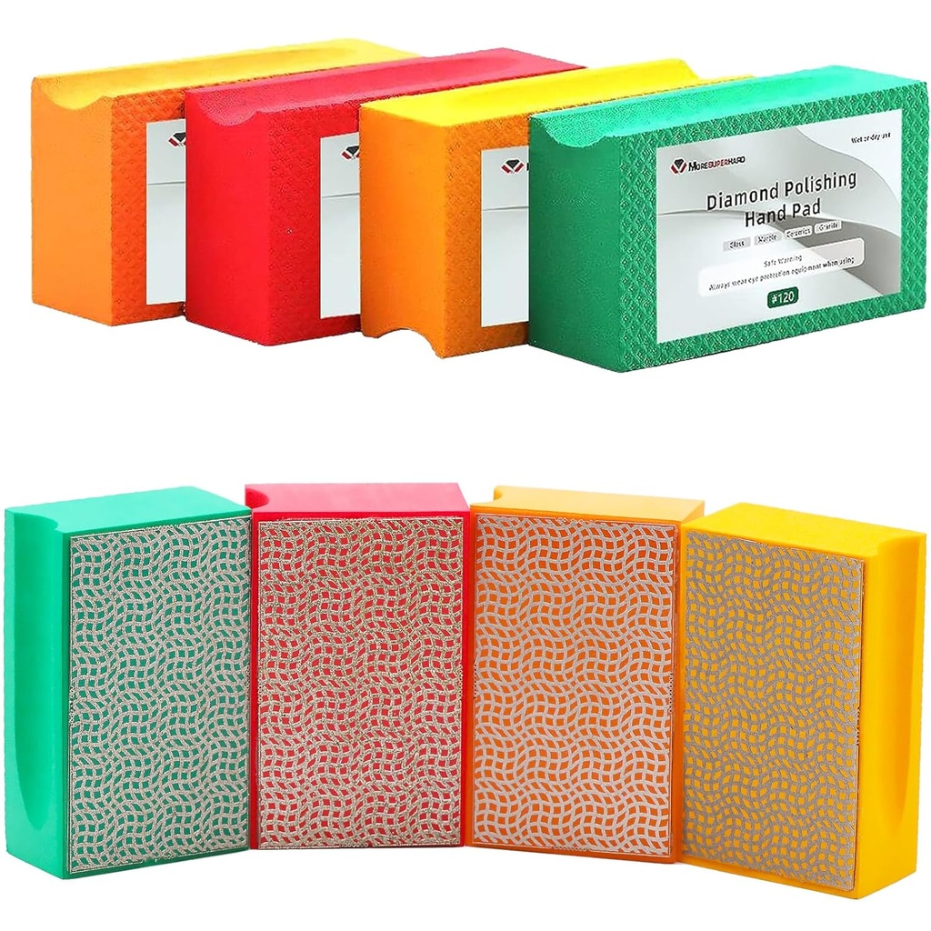 Diamond Hand Polishing Pads Set - 4 Pieces with Foam Backing for Tile, Glass, Stone, Concrete, Granite, and Marble - Dry/Wet Sanding Pads in 60, 120, 200, 400 Grit Sizes