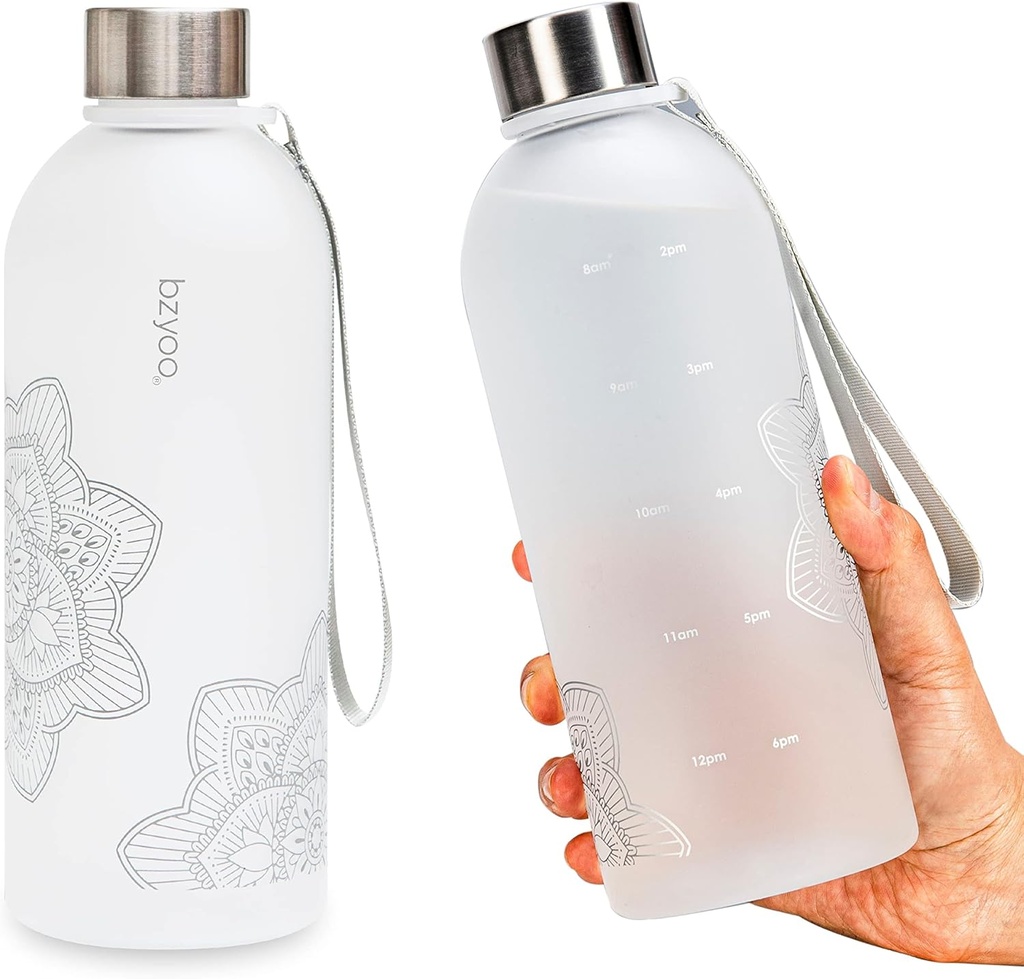 BZYOO 32oz 1L Time Marker Water Bottle with Strap - Frosted Durable Plastic, Reusable Clear Bottle with Drink Time Markings for Daily Hydration - BPA Free - Silver