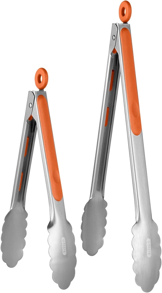 U-Taste 18/8 Stainless Steel Kitchen Tongs Set - 9+12 inch Heat Resistant Cooking Tong with Non-Slip Silicone Handle & Smooth Locking Mechanism for BBQ and Serving - Orange - Pack of 2
