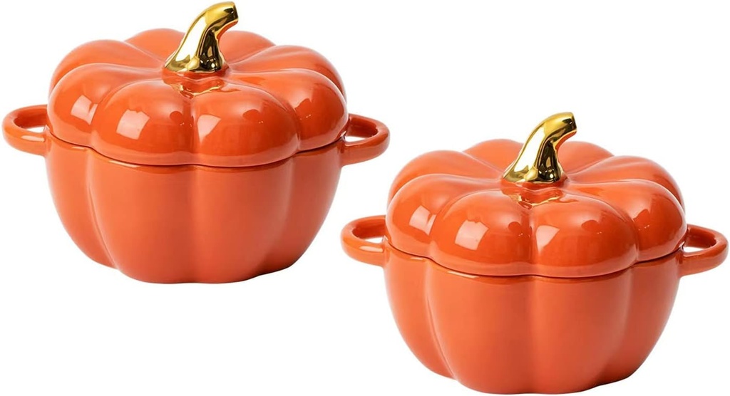 2-Piece Ceramic Pumpkin Bowl Set with Lid and Handle - Individual Casserole Dish, 14 Oz, Oven Safe - Orange Stoneware Ramekins for Baking