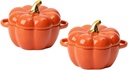 2-Piece Ceramic Pumpkin Bowl Set with Lid and Handle - Individual Casserole Dish, 14 Oz, Oven Safe - Orange Stoneware Ramekins for Baking
