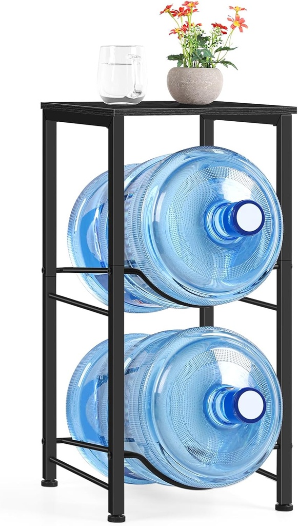 2-Tier Heavy Duty Water Jug Holder Stand for 5 Gallon Bottles - Black Water Cooler Storage Rack with Top Shelf for Kitchen, Living Room, Office