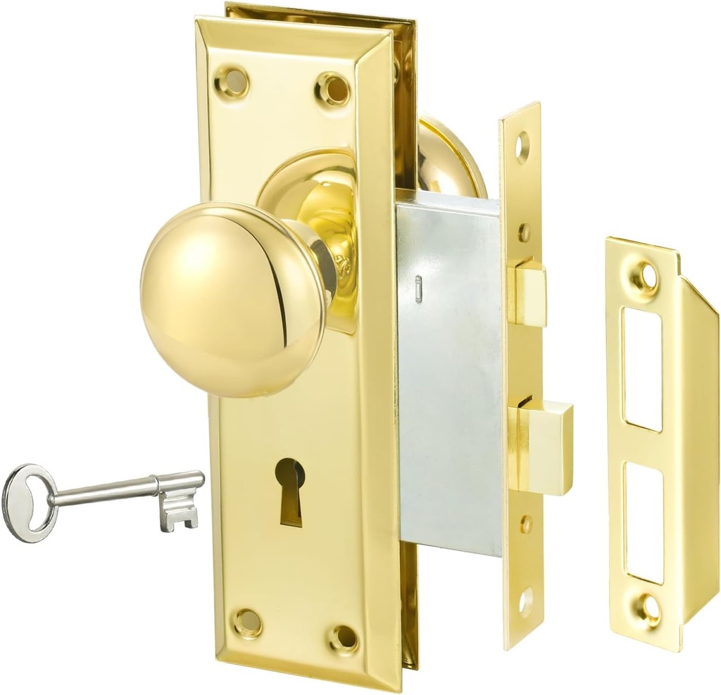 Antique Gold Interior Door Mortise Lock Set with Keyed Knobs - 3 Pack Vintage Door Locks