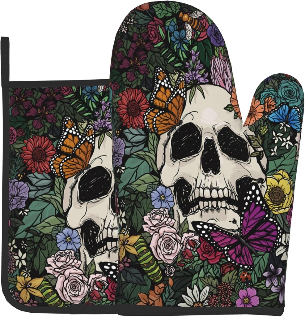 Gothic Skull Flowers Oven Mitts and Pot Holders Set - Heat Resistant Kitchen Hot Pads for Cooking BBQ and Baking