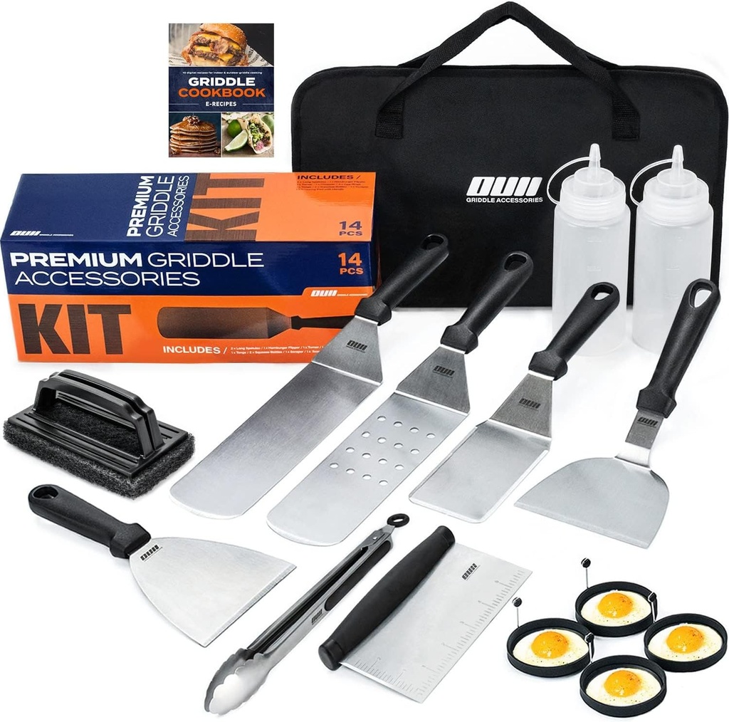 14-Piece Flat Top Griddle Accessories Set for Blackstone & Camp Chef - Includes Cleaning Kit & Carry Bag - Spatula, Scraper, Egg Rings for Teppanyaki & Gas Grill