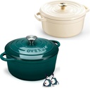 Overmont 7QT and 5QT Enameled Cast Iron Dutch Oven Combo in Bottle Green and White for Cooking and Baking