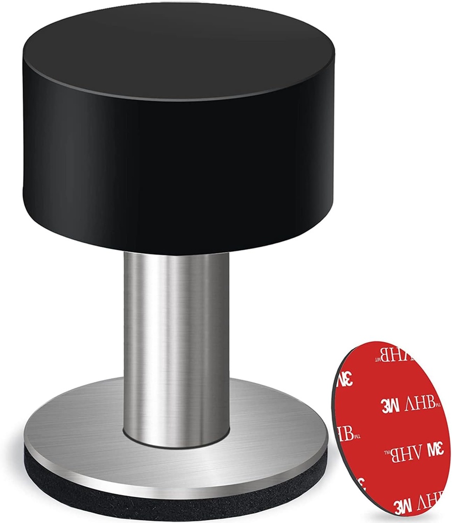 Self-Adhesive Door Stopper with Extra Stickers - Black Rubber & Stainless Steel Body, Sound Dampening Bumpers for Home & Office - Medium Size (2.56inch)