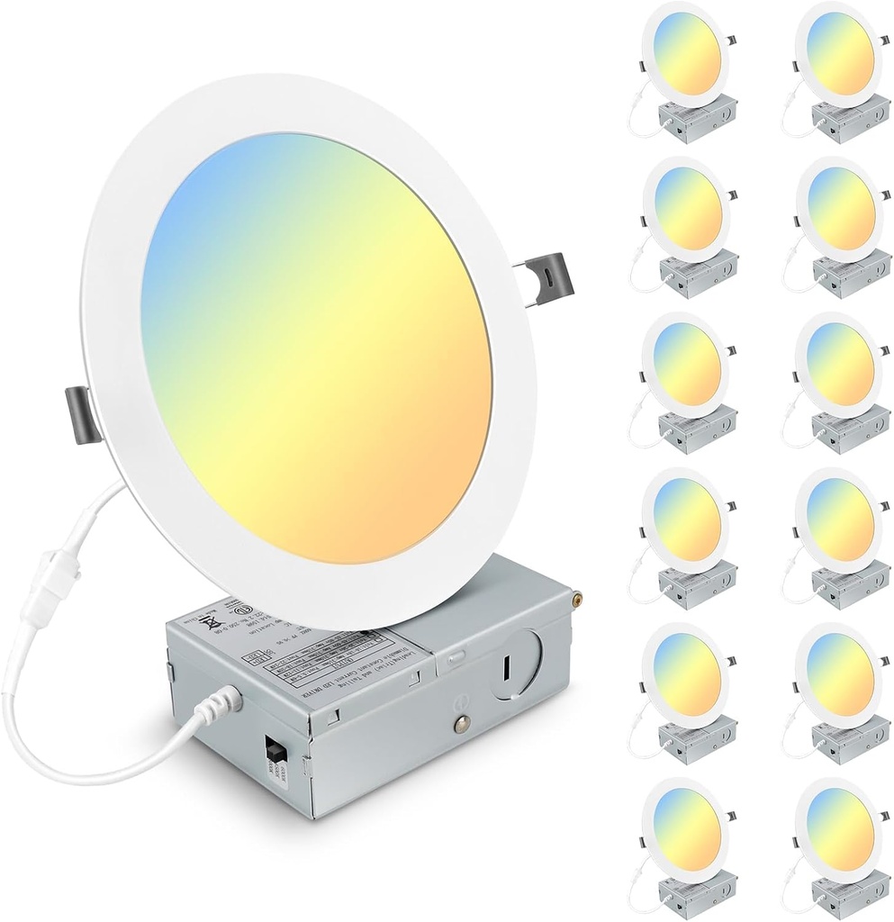 12 Pack Elaruslux 7 Inch Ultra-Thin LED Recessed Lights with Junction Box - 3000K/4500K/6000K, 18W Dimmable Canless Downlights - 1600LM High Brightness, Energy Efficient