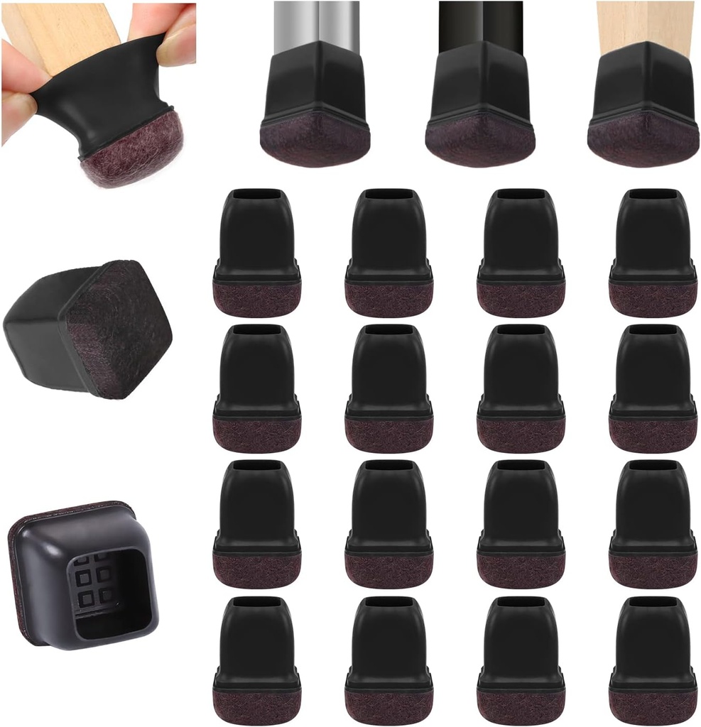 32 Pcs Square Chair Leg Floor Protectors for Hardwood Floors - Felt Furniture Pads - Silicone Caps - Protect Wood Tile Floors - Black - Fits 0.5''–0.8