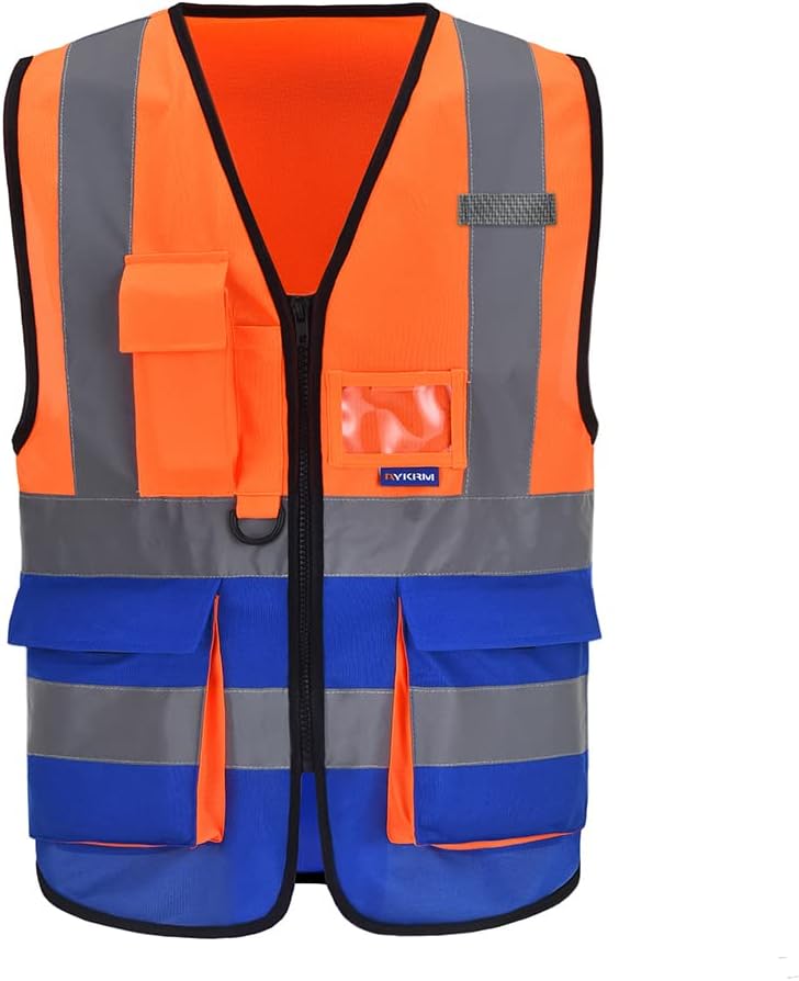 XSMALL Orange Blue High Visibility Safety Vest with Reflective Strips and 7 Pockets