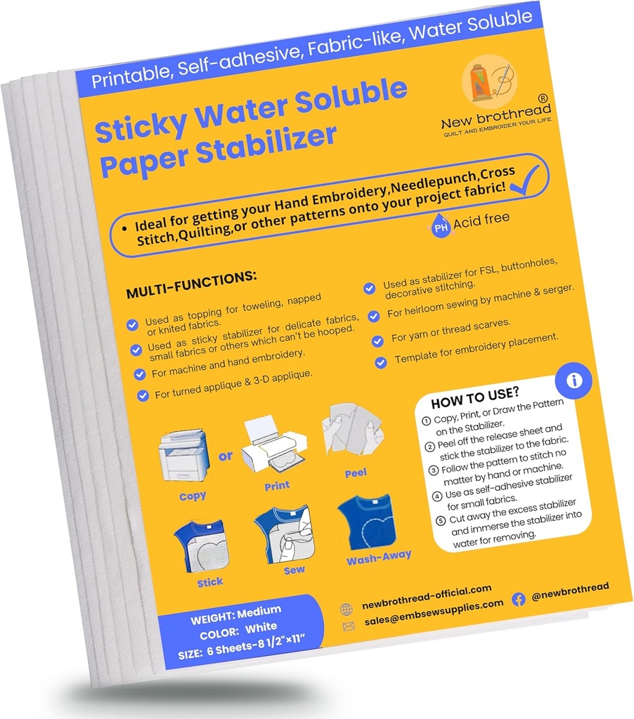 6PCS New Brothread 8.5"x11" Sticky Water Soluble Embroidery Stabilizer Paper - Medium Weight - Ideal for Hand & Machine Embroidery - Printable & Draw Patterns